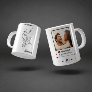 taza blanca romántica con link spotify y nombres