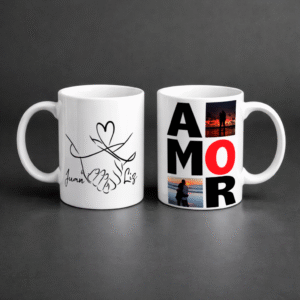 taza blanca romántica con link spotify y nombres